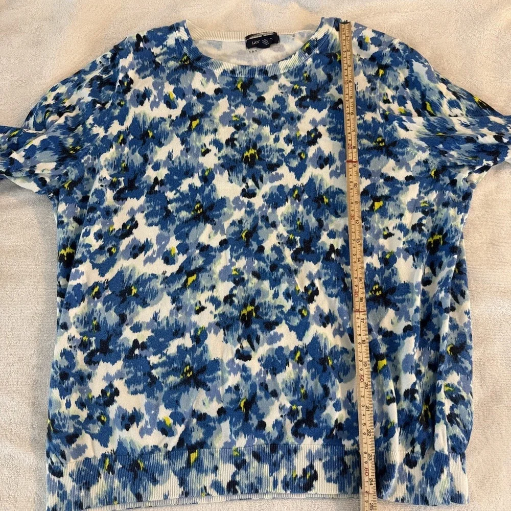 Lands' End Supima Cotton Crewneck Sweater 1X Blue Floral Plus Size Knit